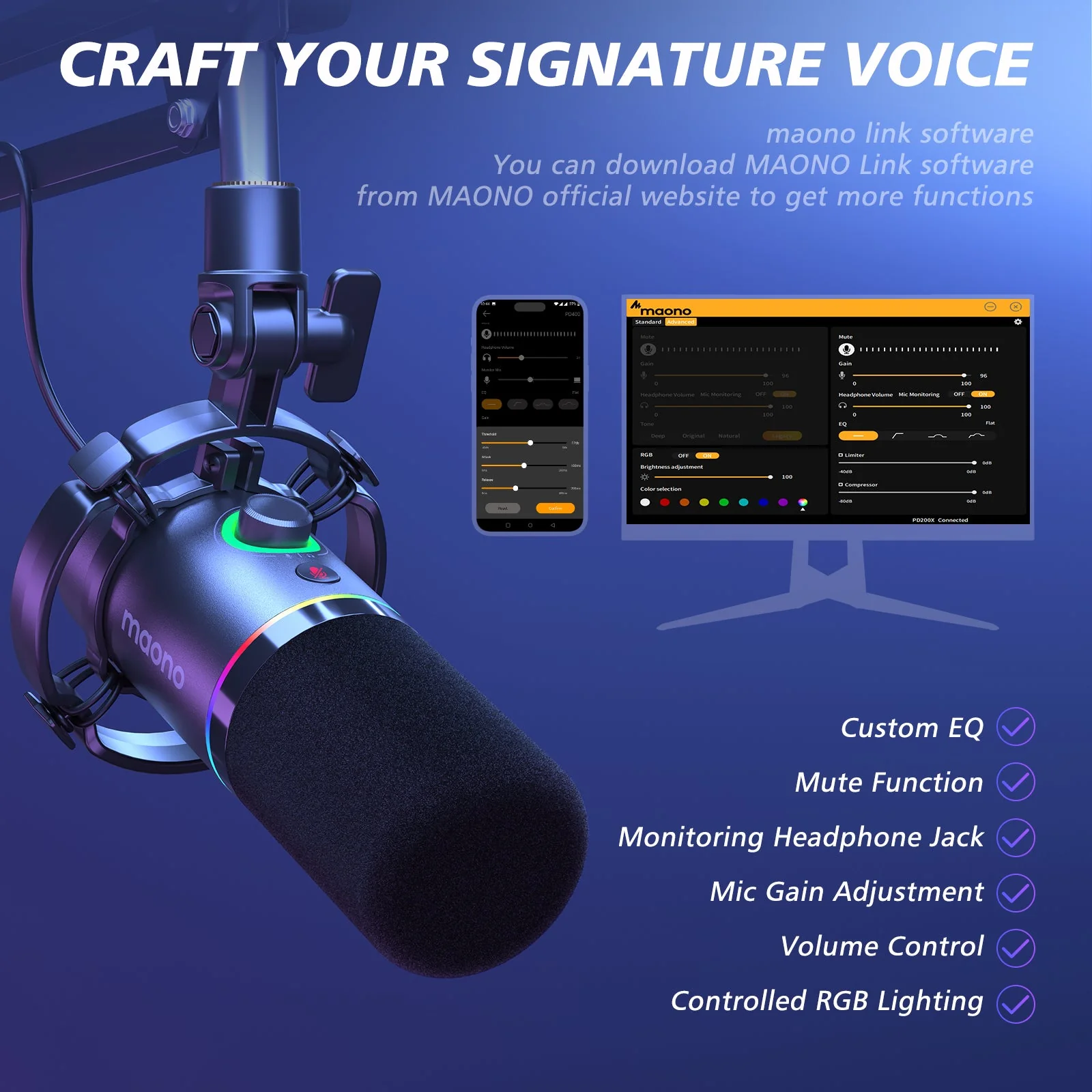 MAONO PD200XS USB/XLR Dynamic Microphone Set with Boom Arm - Image 8