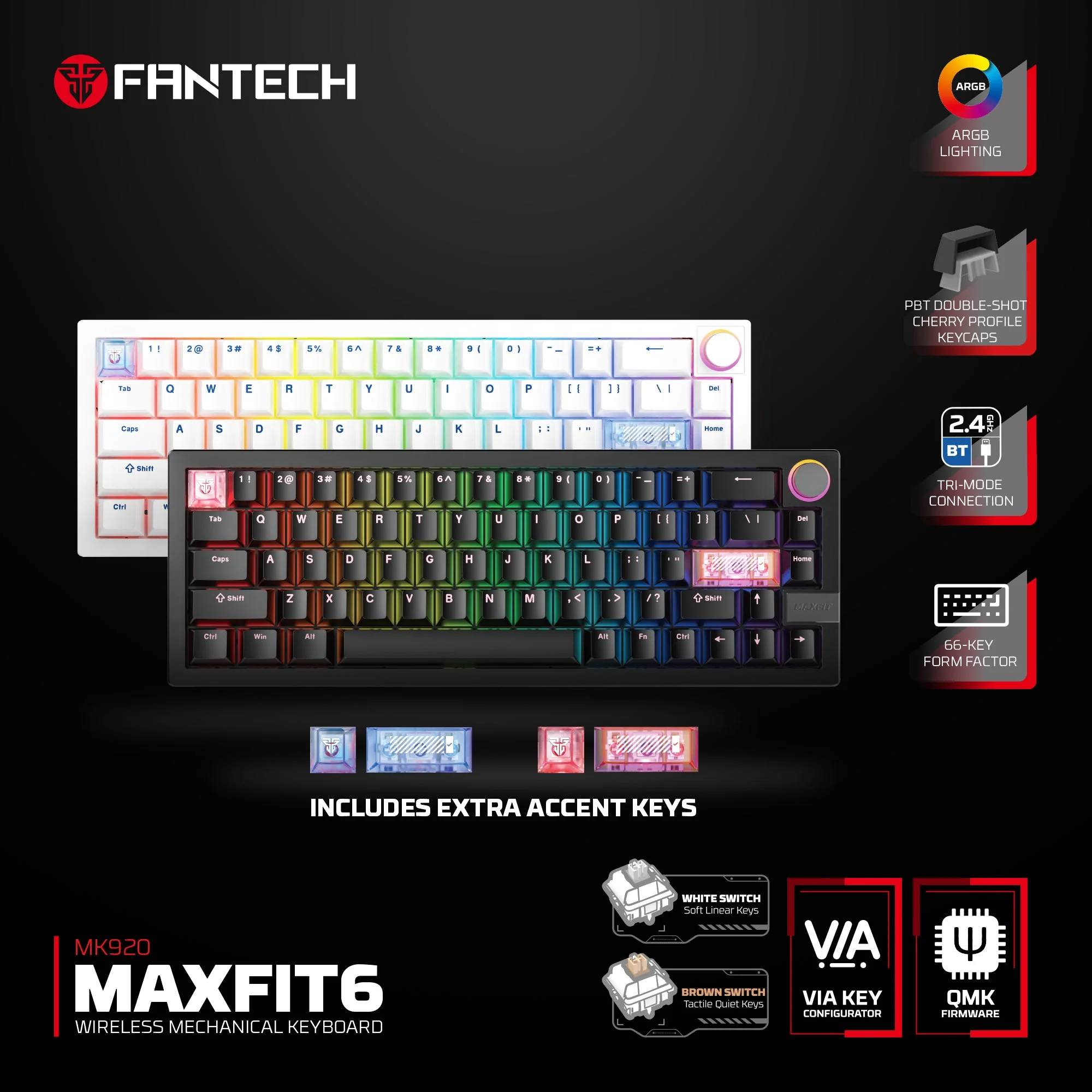 Fantech MAXFIT6 60% Hot-Swap QMK/VIA Wireless Mechanical Keyboard with Knob - Image 3
