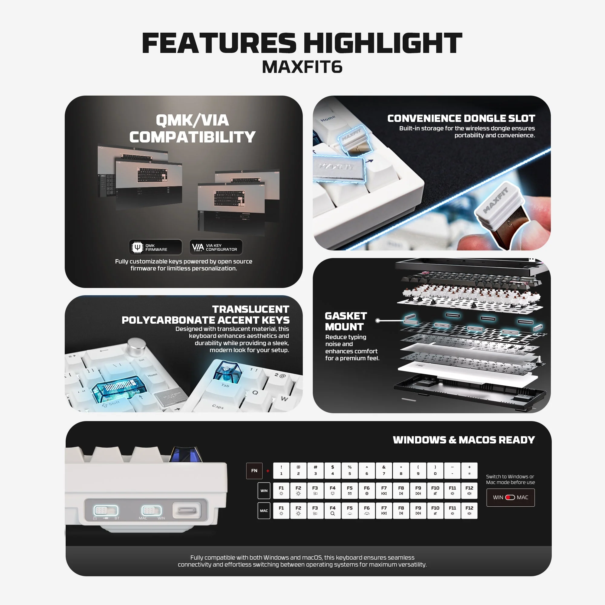Fantech MAXFIT6 60% Hot-Swap QMK/VIA Wireless Mechanical Keyboard with Knob - Image 4