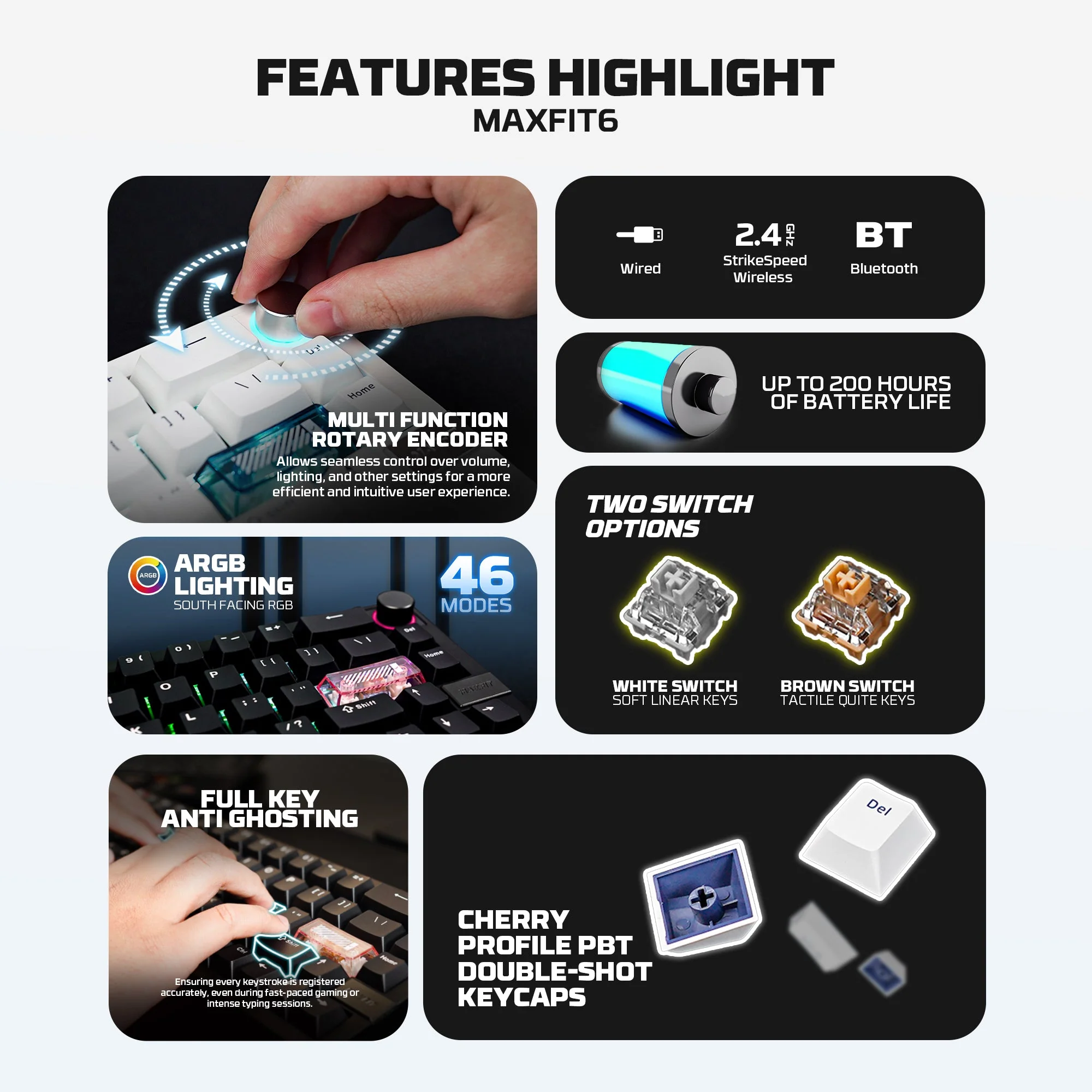 Fantech MAXFIT6 60% Hot-Swap QMK/VIA Wireless Mechanical Keyboard with Knob - Image 5