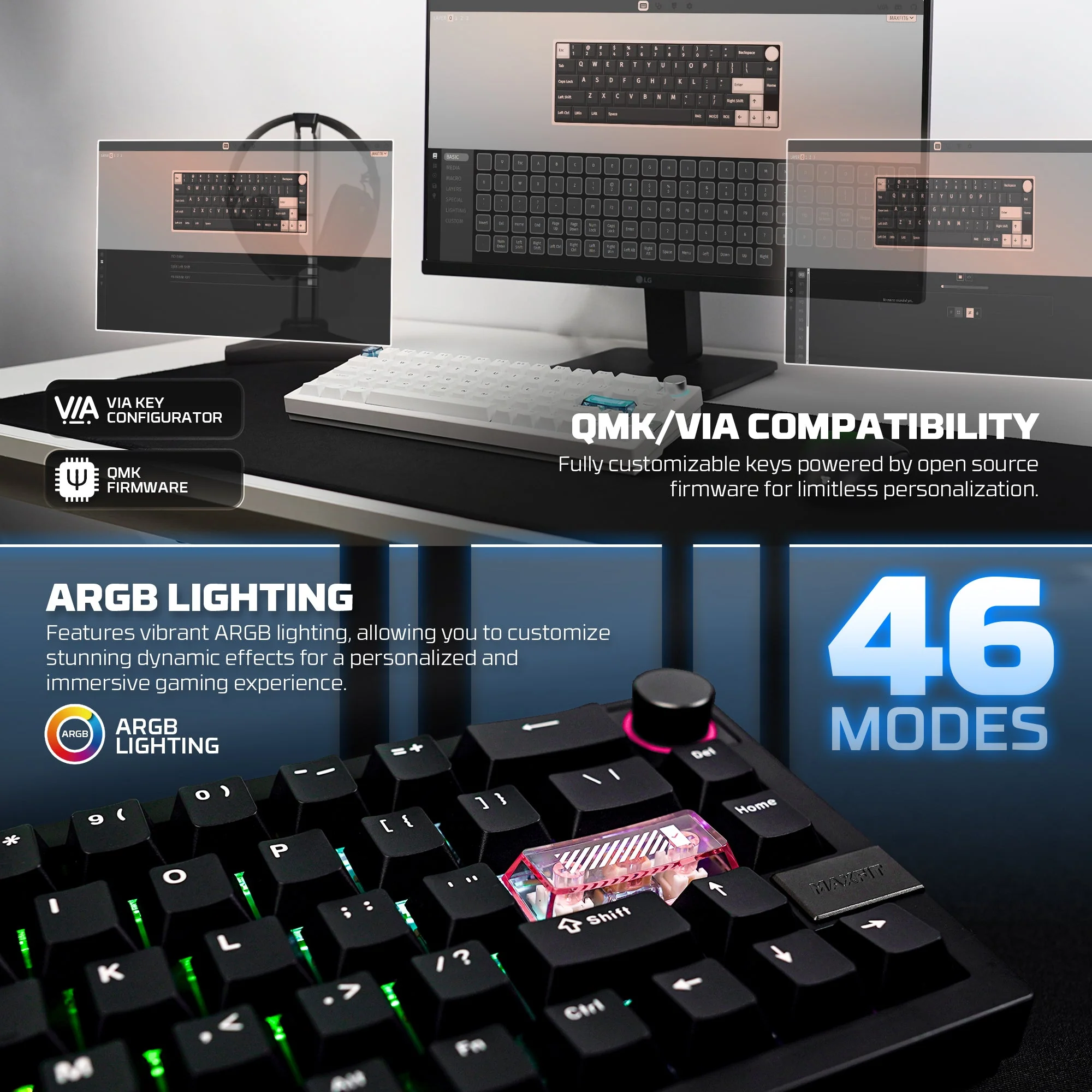 Fantech MAXFIT6 60% Hot-Swap QMK/VIA Wireless Mechanical Keyboard with Knob - Image 6