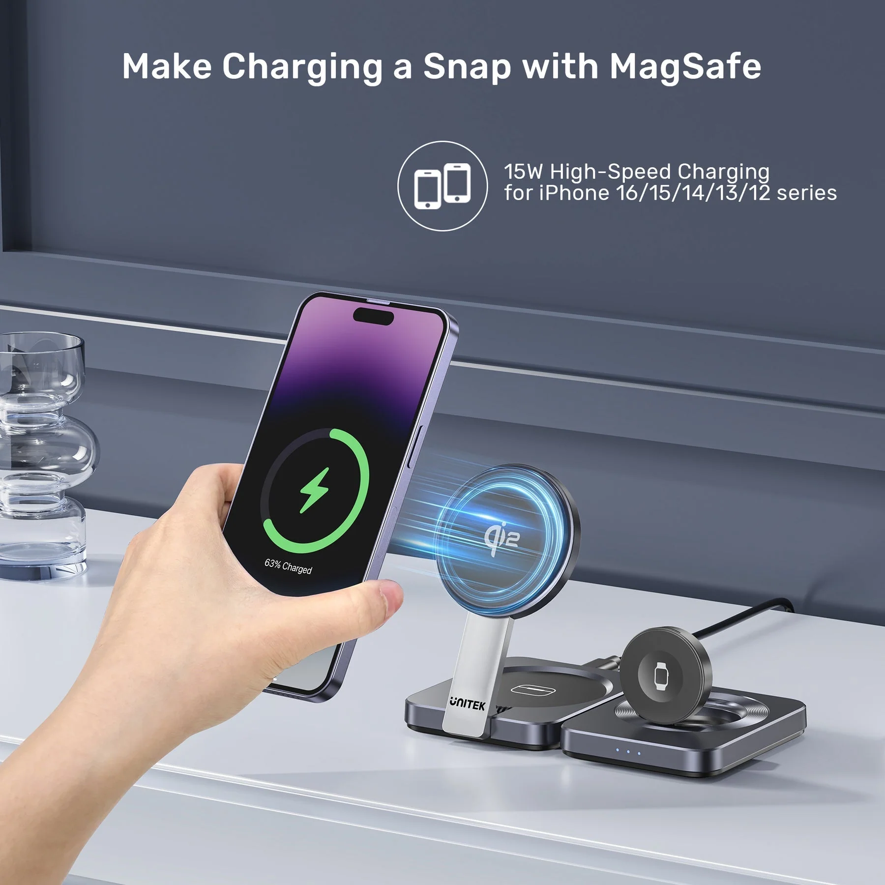 Unitek Qi2 Foldable 3-in-1 Wireless Charging Station iPhone 15W / Apple Watch 2.5W / Airpod 3W (Black) - Image 12