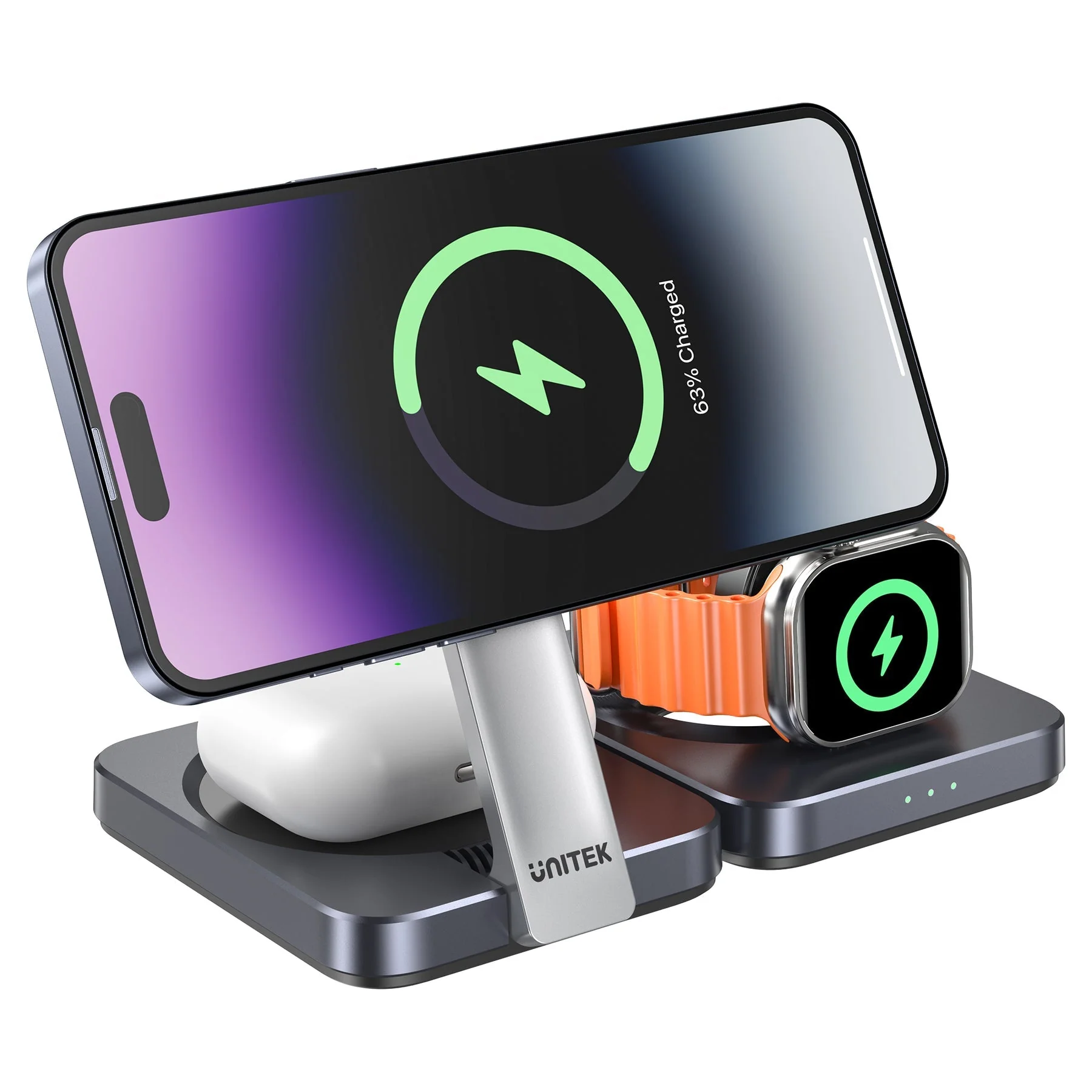 Unitek Qi2 Foldable 3-in-1 Wireless Charging Station iPhone 15W / Apple Watch 2.5W / Airpod 3W (Black) - Image 2