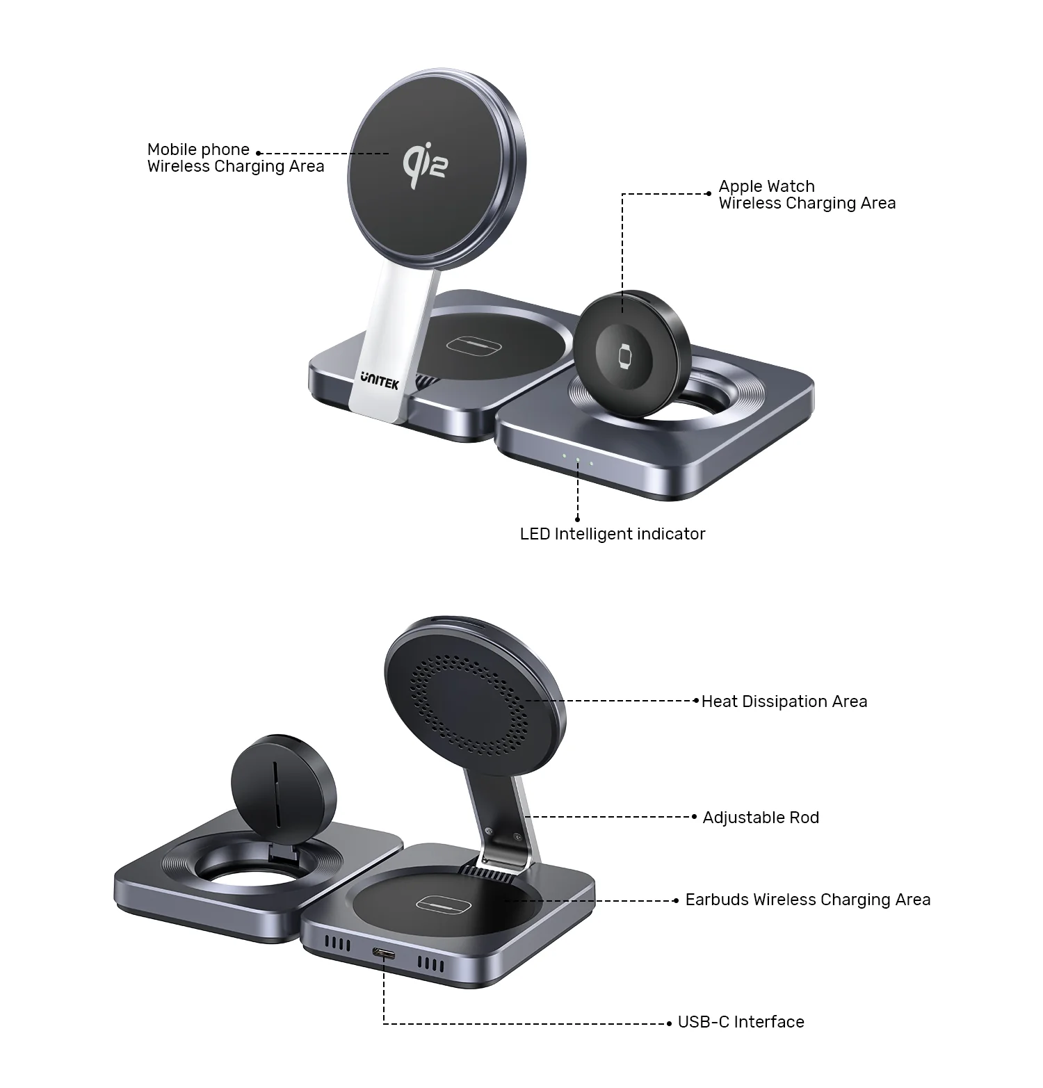 Unitek Qi2 Foldable 3-in-1 Wireless Charging Station iPhone 15W / Apple Watch 2.5W / Airpod 3W (Black) - Image 4