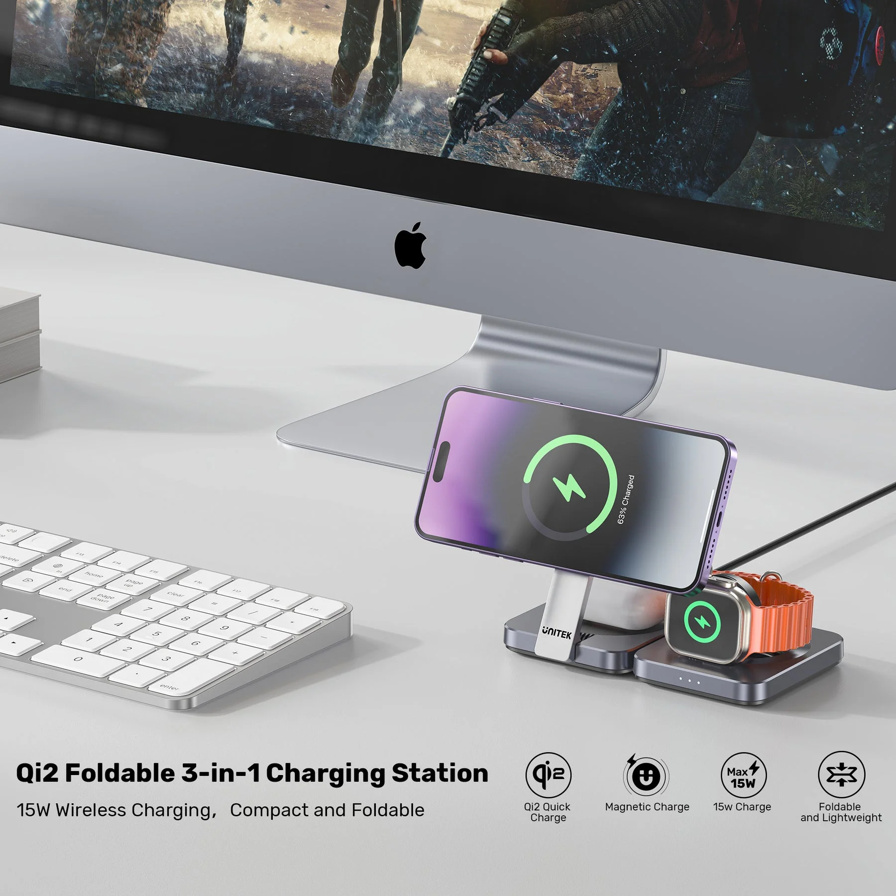 Unitek Qi2 Foldable 3-in-1 Wireless Charging Station iPhone 15W / Apple Watch 2.5W / Airpod 3W (Black) - Image 8