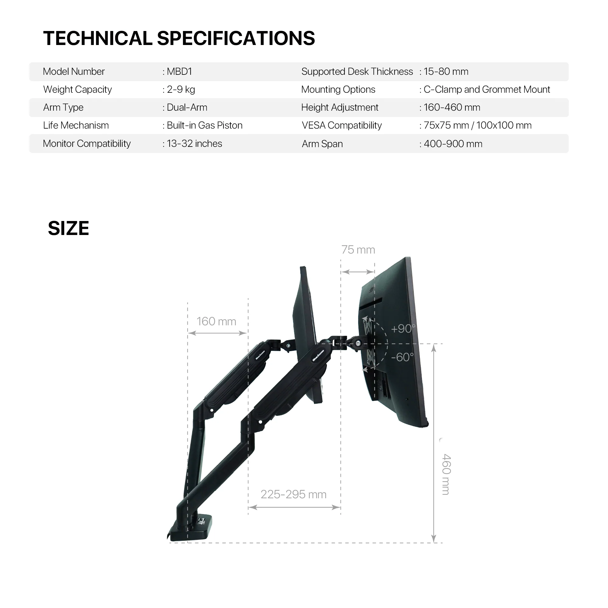 WorkStation MBD01 Dual-Arm Monitor Bracket 90 degree tilt for 13" to 32" Screen - Image 12