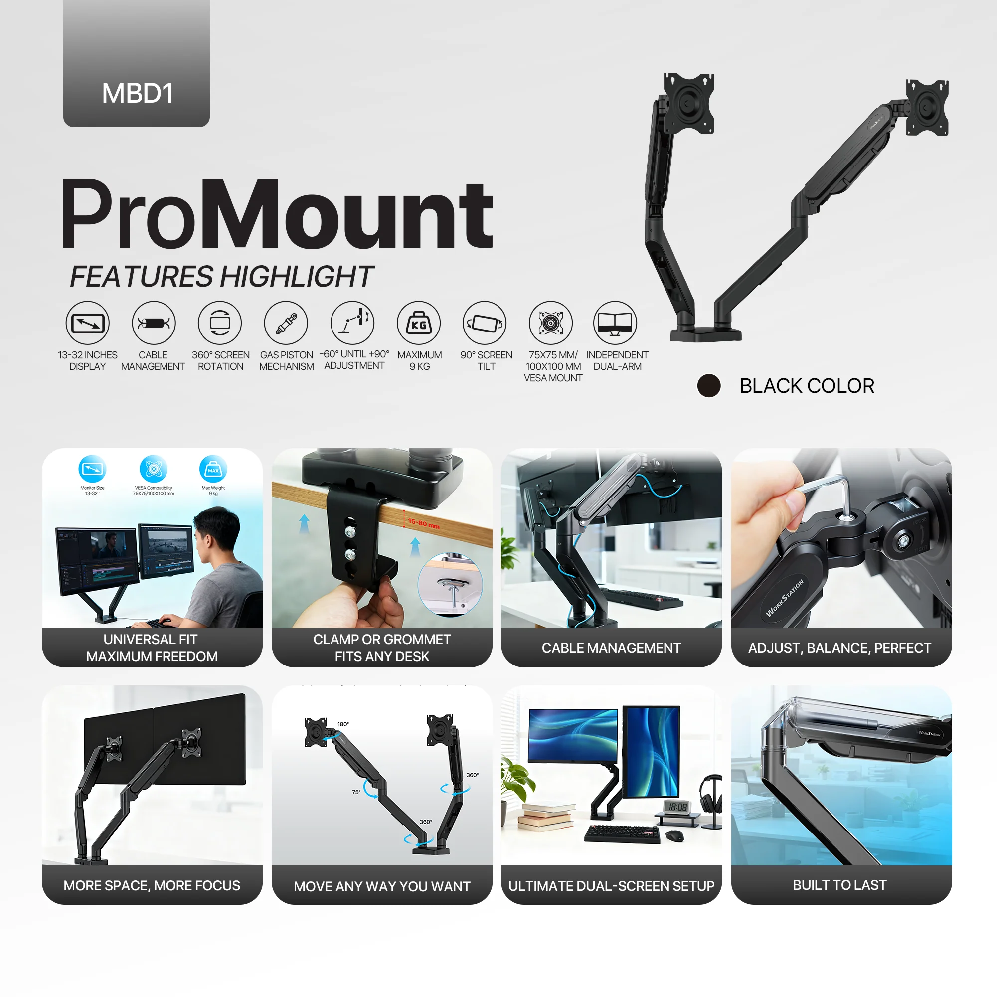WorkStation MBD01 Dual-Arm Monitor Bracket 90 degree tilt for 13" to 32" Screen - Image 5
