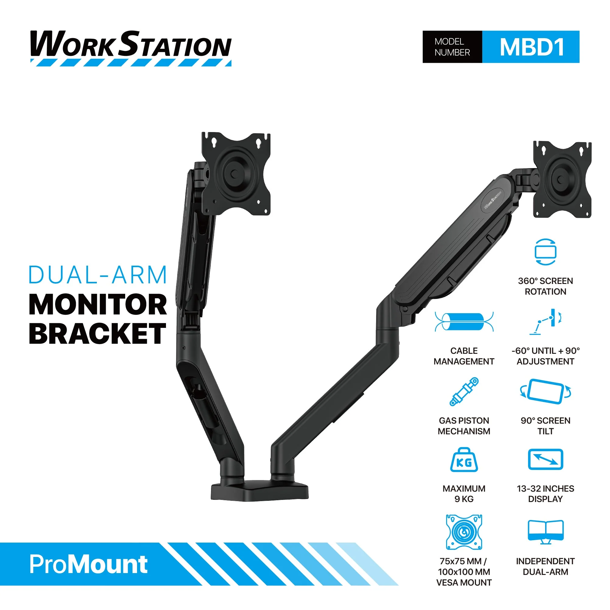 WorkStation MBD01 Dual-Arm Monitor Bracket 90 degree tilt for 13" to 32" Screen - Image 6