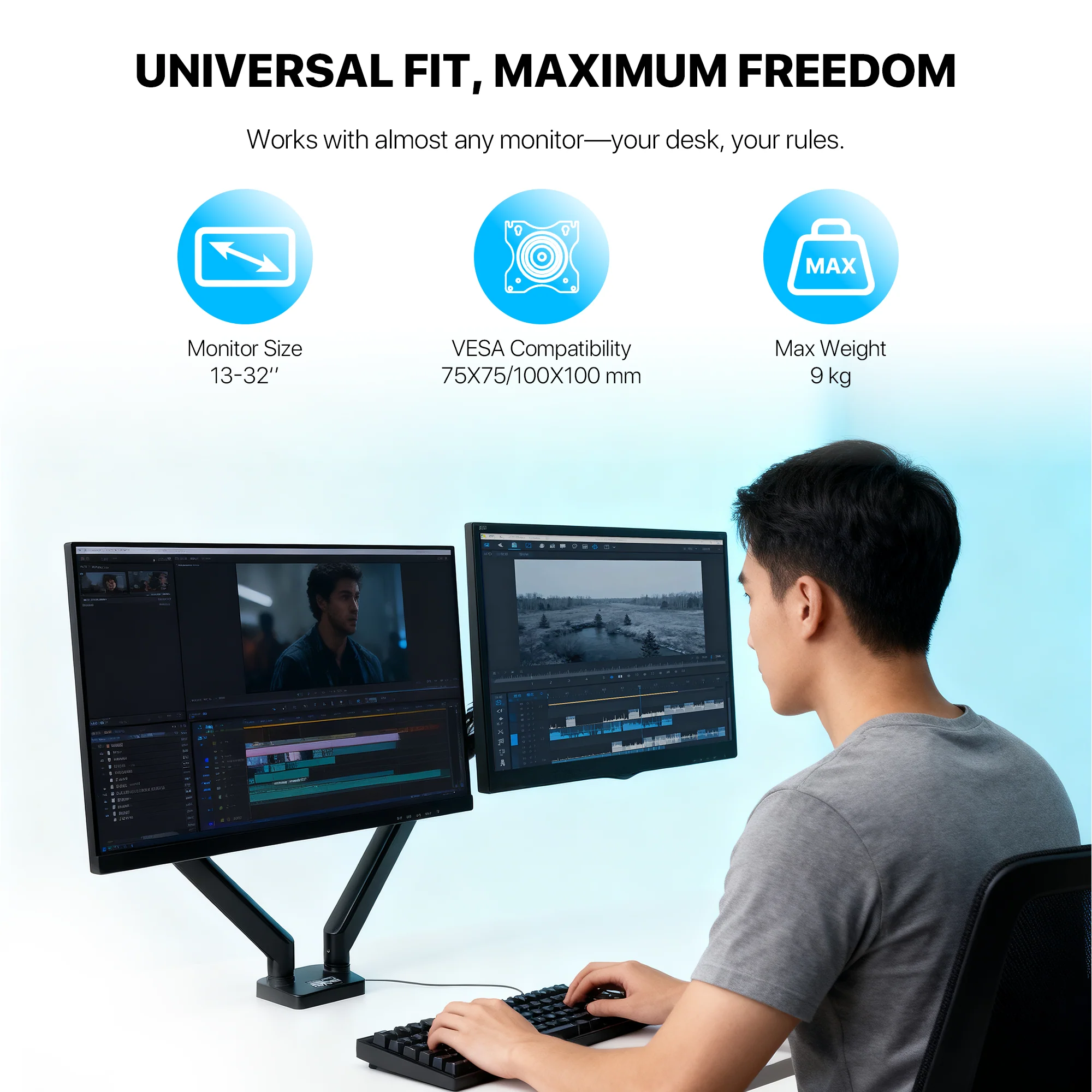 WorkStation MBD01 Dual-Arm Monitor Bracket 90 degree tilt for 13" to 32" Screen - Image 7