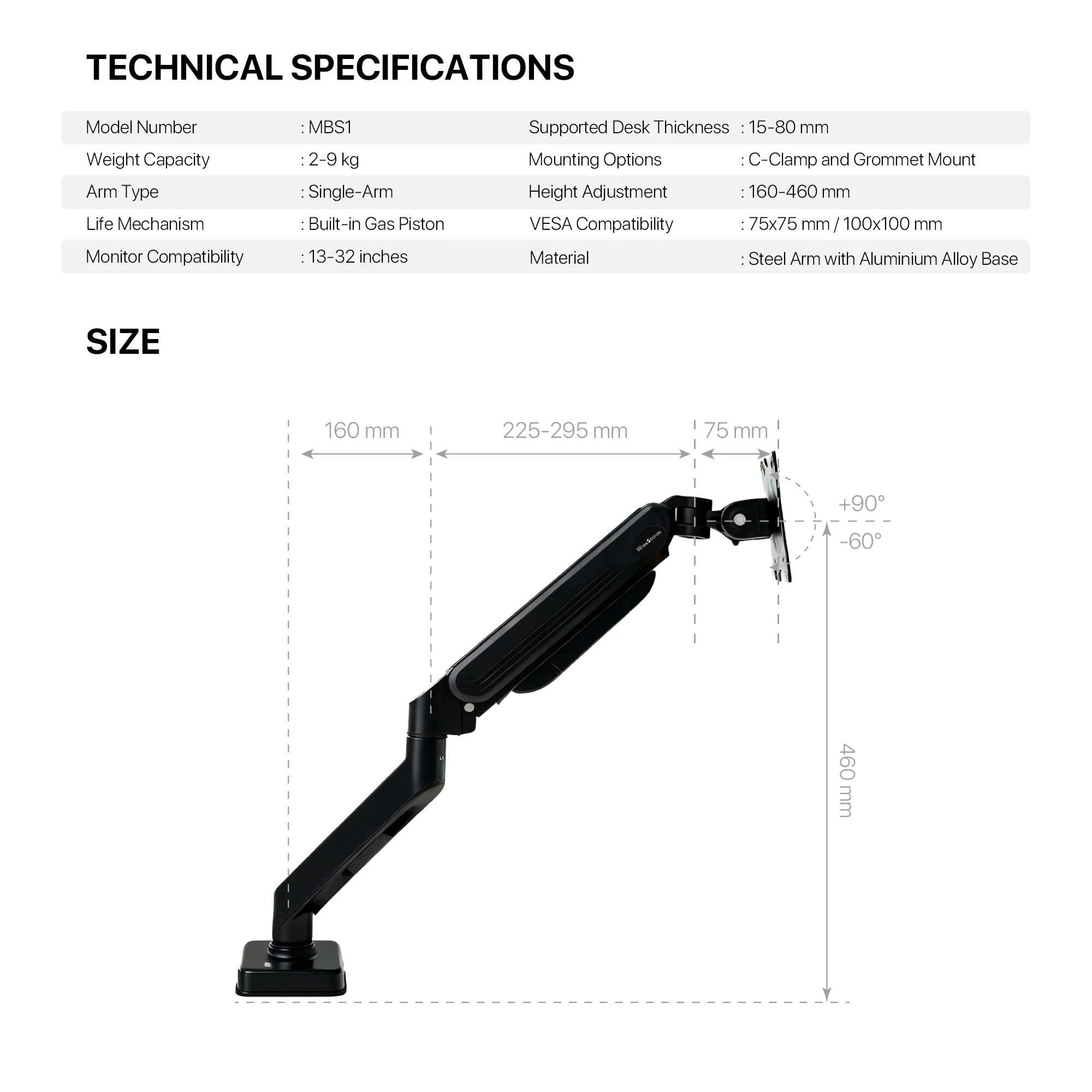 Fantech WorkStation MBS1 Single-Arm Monitor Bracket 90 Degree Tilt - Image 11