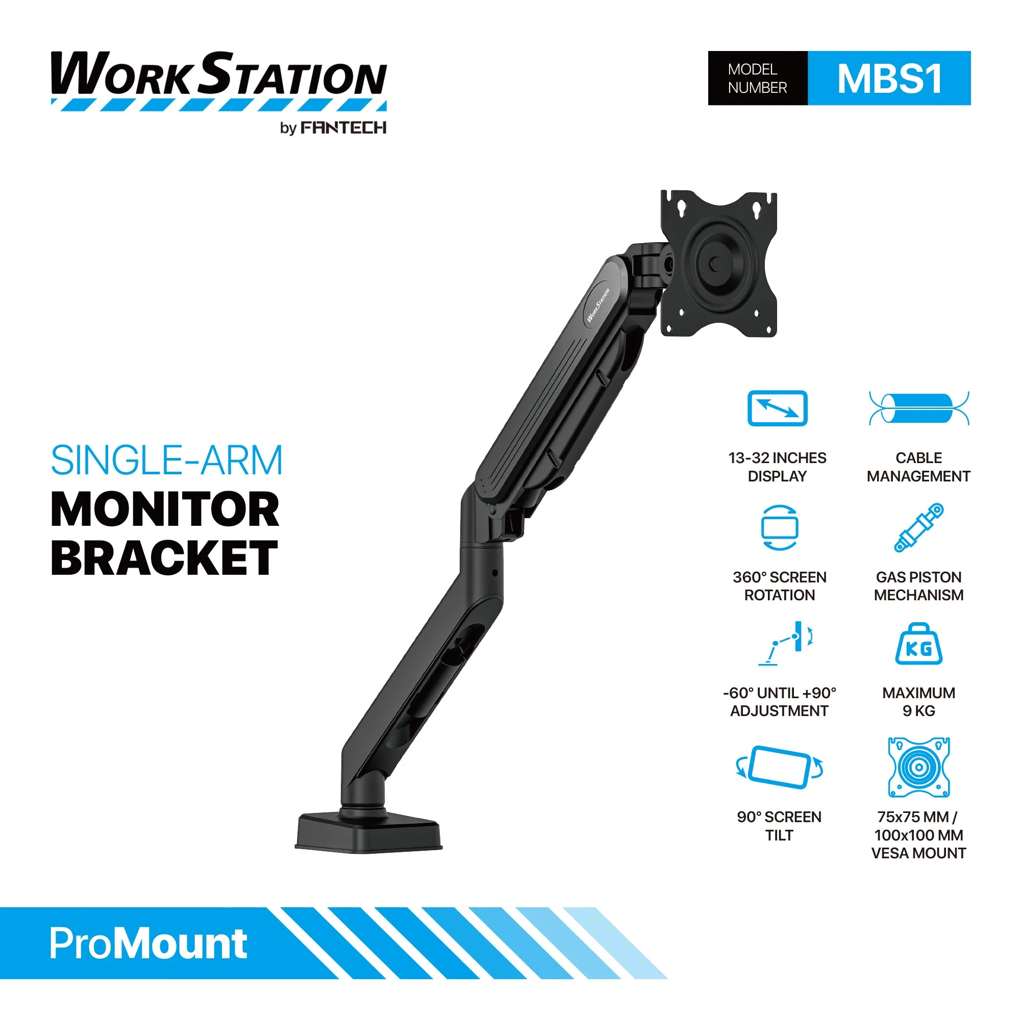 Fantech WorkStation MBS1 Single-Arm Monitor Bracket 90 Degree Tilt - Image 2