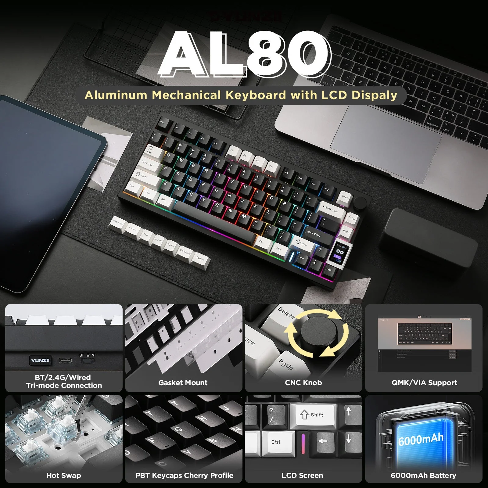 YUNZII AL80 QMK Aluminum Wireless Mechanical Keyboard with LCD Screen - Image 5
