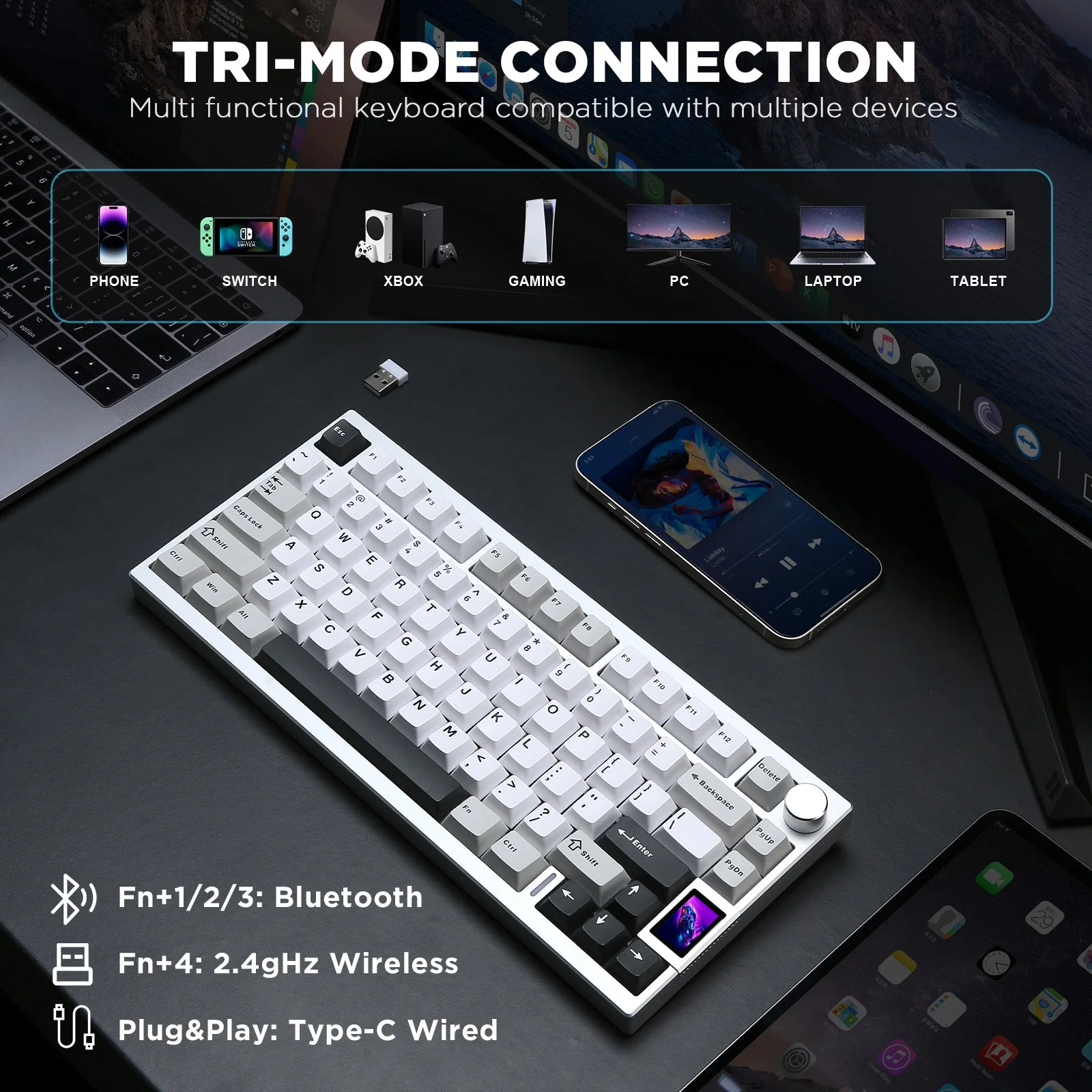 YUNZII AL80 QMK Aluminum Wireless Mechanical Keyboard with LCD Screen - Image 8