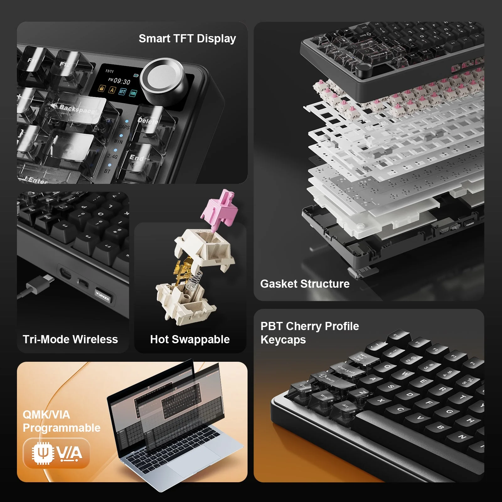 YUNZII B75 PRO MAX QMK/VIA Knob TFT Screen Wireless Mechanical Keyboard - Image 10
