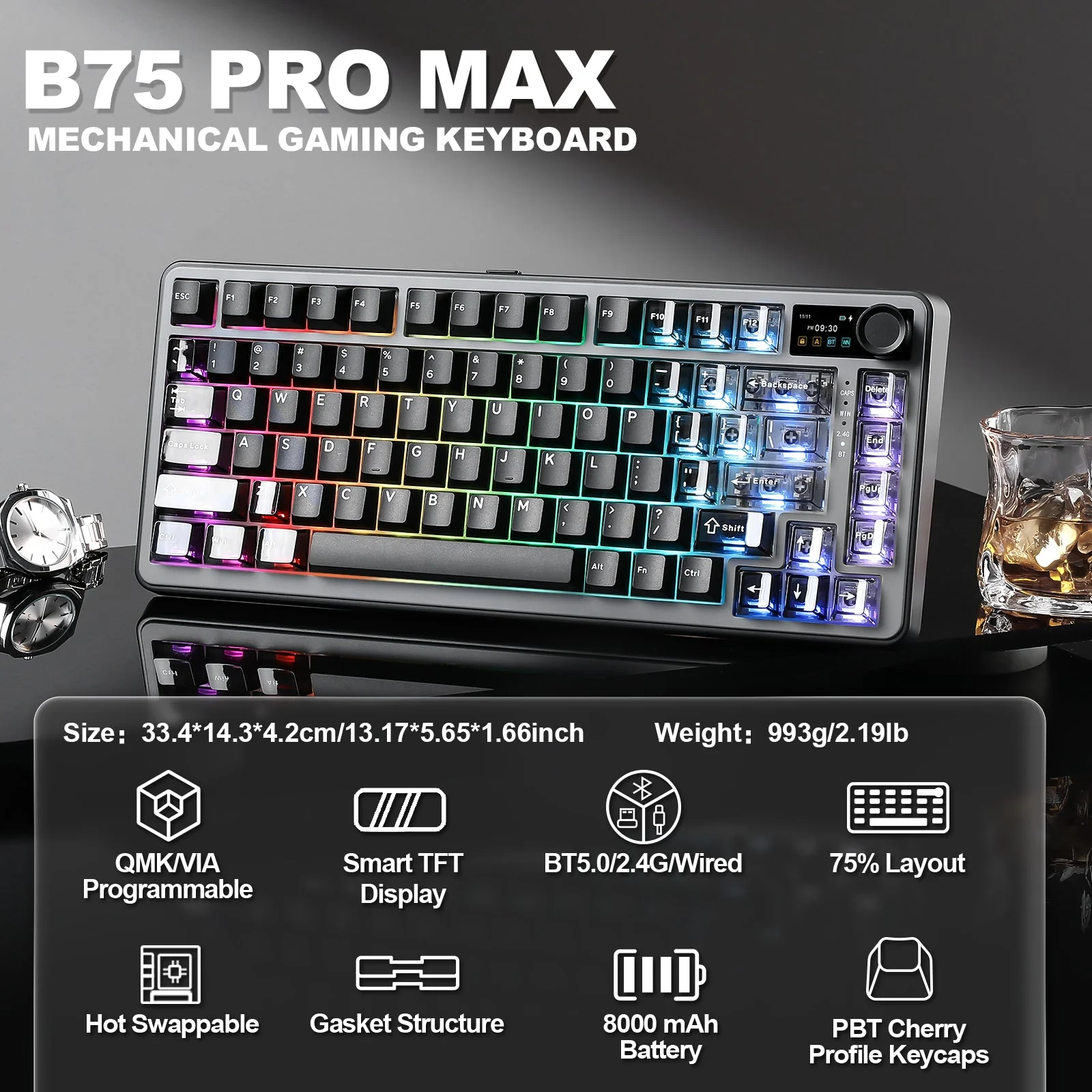 YUNZII B75 PRO MAX QMK/VIA Knob TFT Screen Wireless Mechanical Keyboard - Image 11