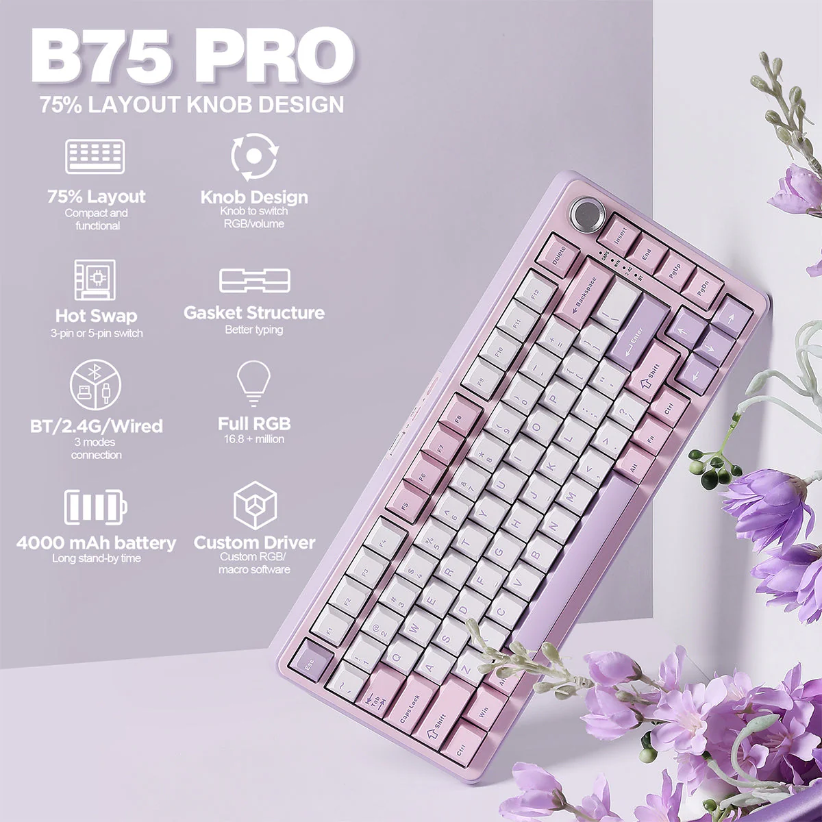 YUNZII B75 Pro Tri-Mode Hot-Swap Wireless Mechanical Keyboard - Image 15