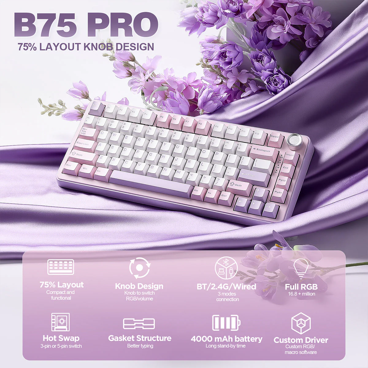 YUNZII B75 Pro Tri-Mode Hot-Swap Wireless Mechanical Keyboard - Image 16