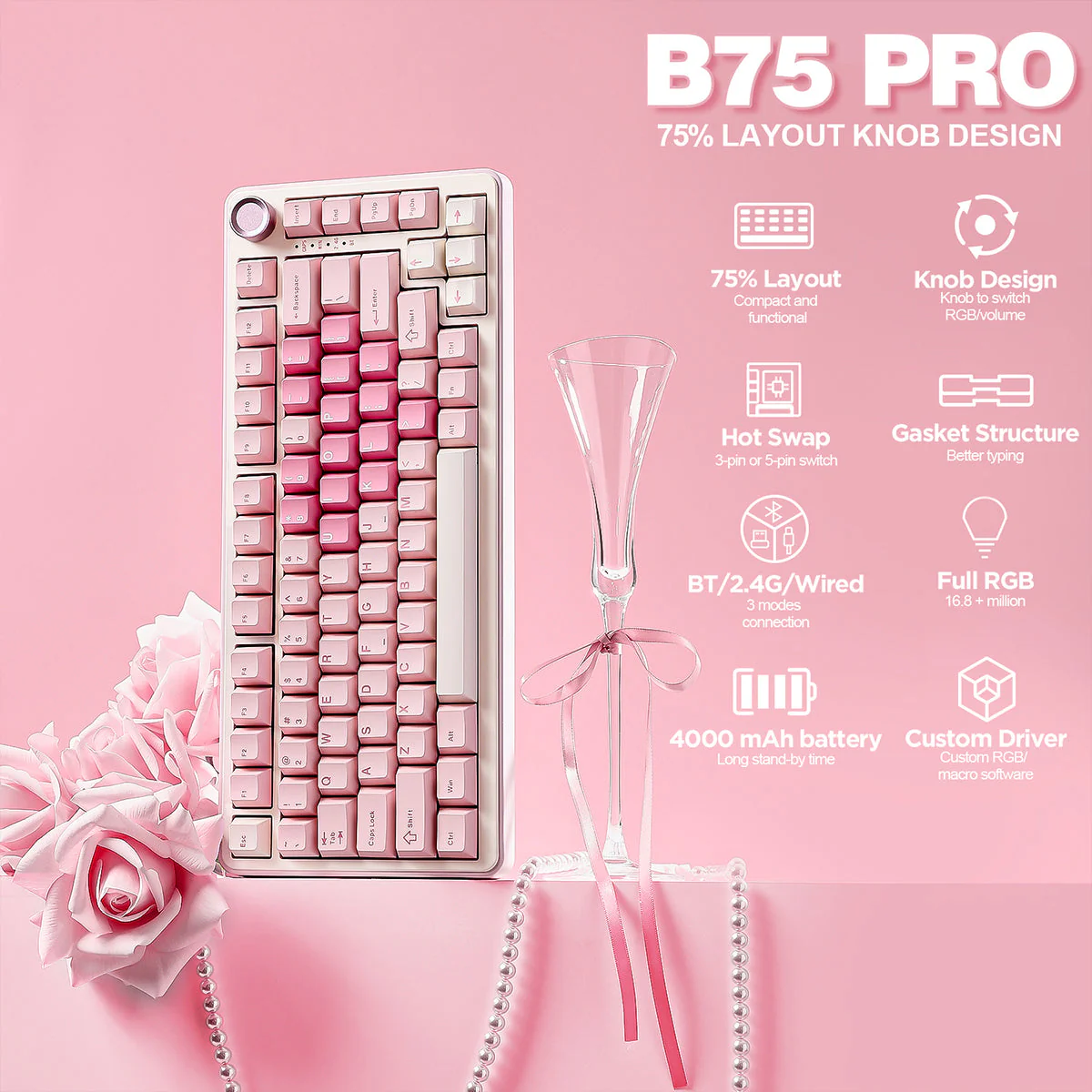 YUNZII B75 Pro Tri-Mode Hot-Swap Wireless Mechanical Keyboard - Image 23