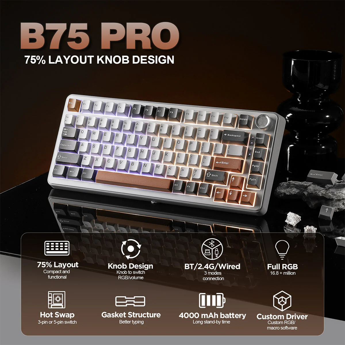 YUNZII B75 Pro Tri-Mode Hot-Swap Wireless Mechanical Keyboard - Image 6