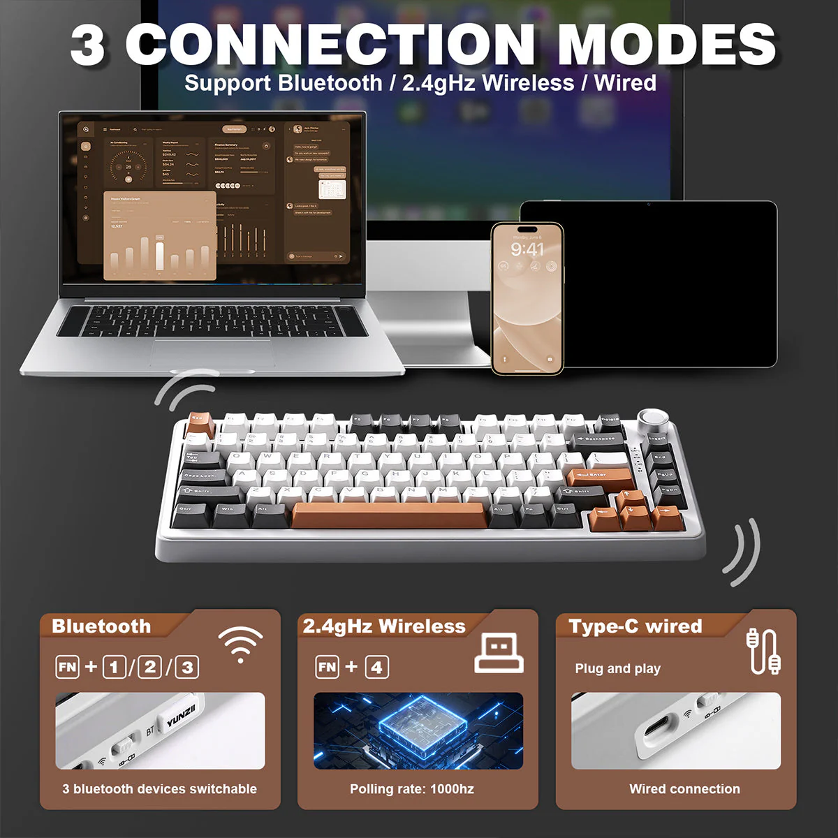 YUNZII B75 Pro Tri-Mode Hot-Swap Wireless Mechanical Keyboard - Image 7