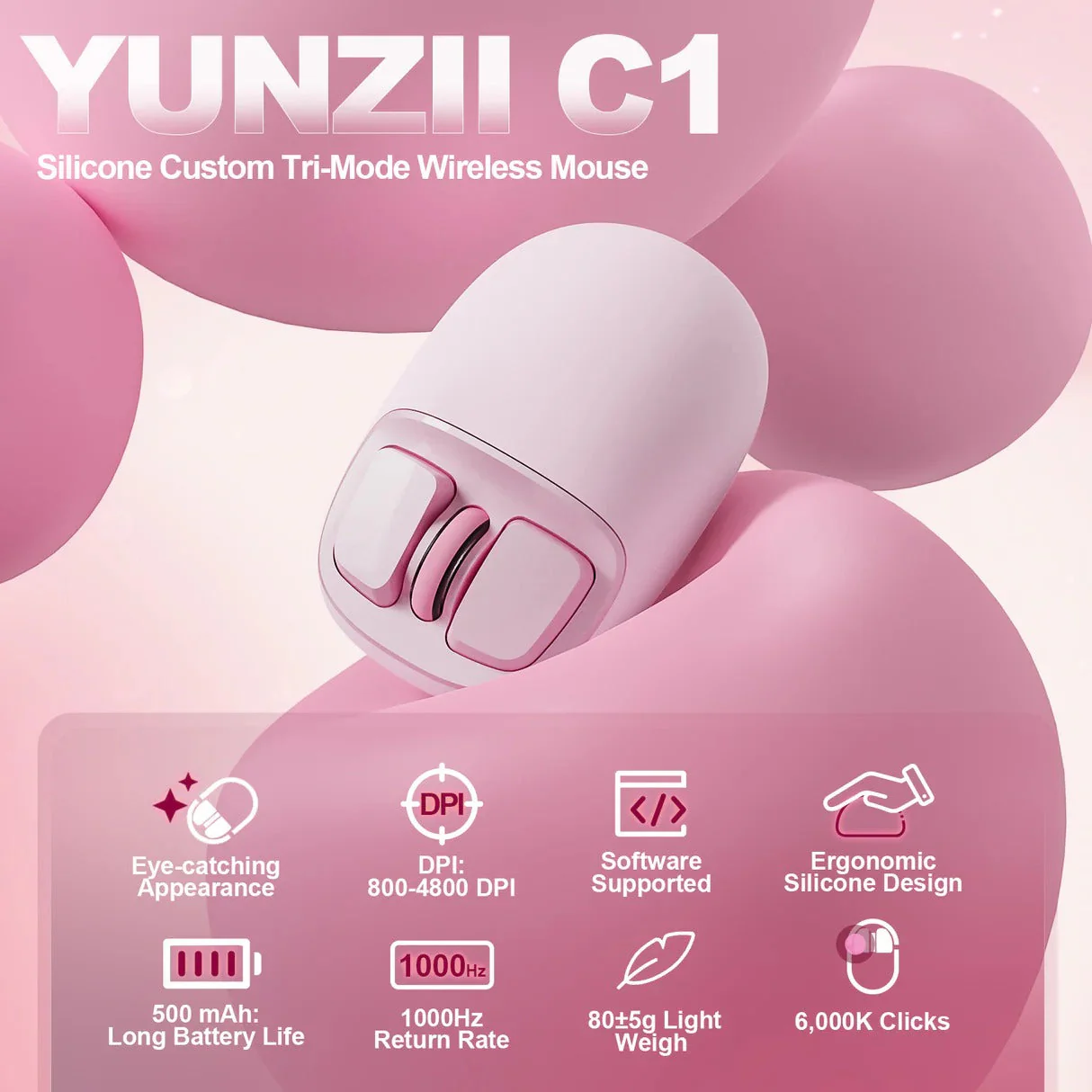 YUNZII C1 Silicone Tri-Mode Wireless Custom Mouse - Image 12