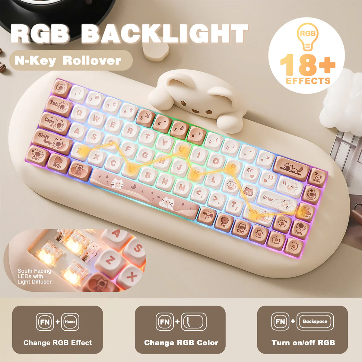 YUNZII C68 Meow Bluetooth Wireless Mechanical Cat Keyboard Milk Switch - Image 13