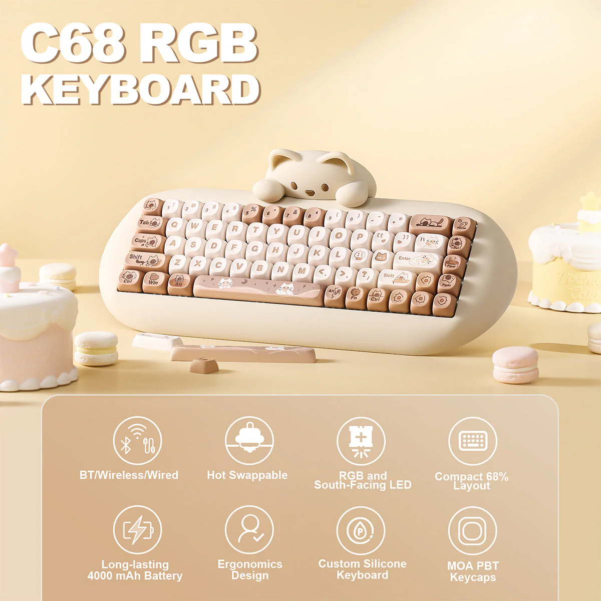 YUNZII C68 Meow Bluetooth Wireless Mechanical Cat Keyboard Milk Switch - Image 16