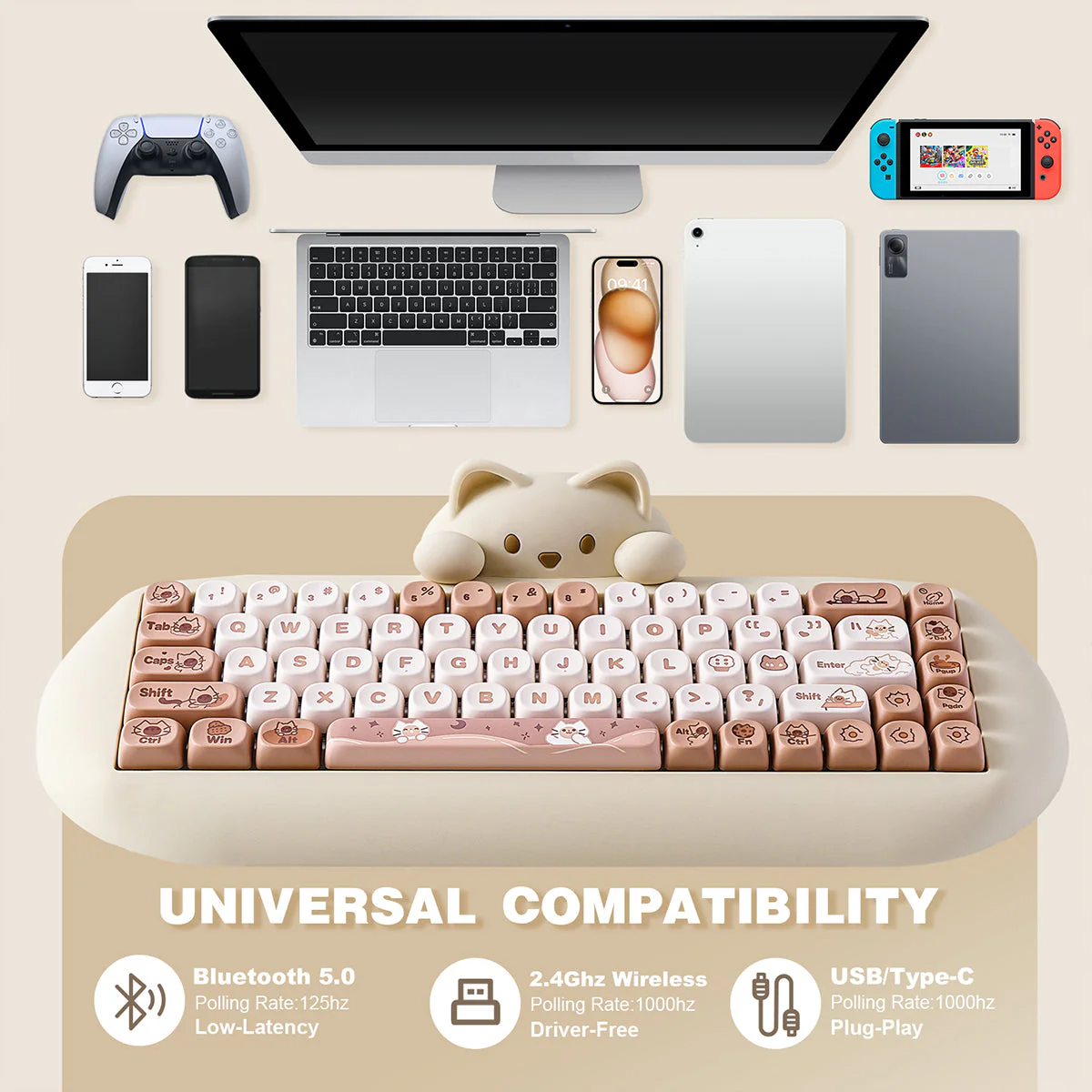 YUNZII C68 Meow Bluetooth Wireless Mechanical Cat Keyboard Milk Switch - Image 17