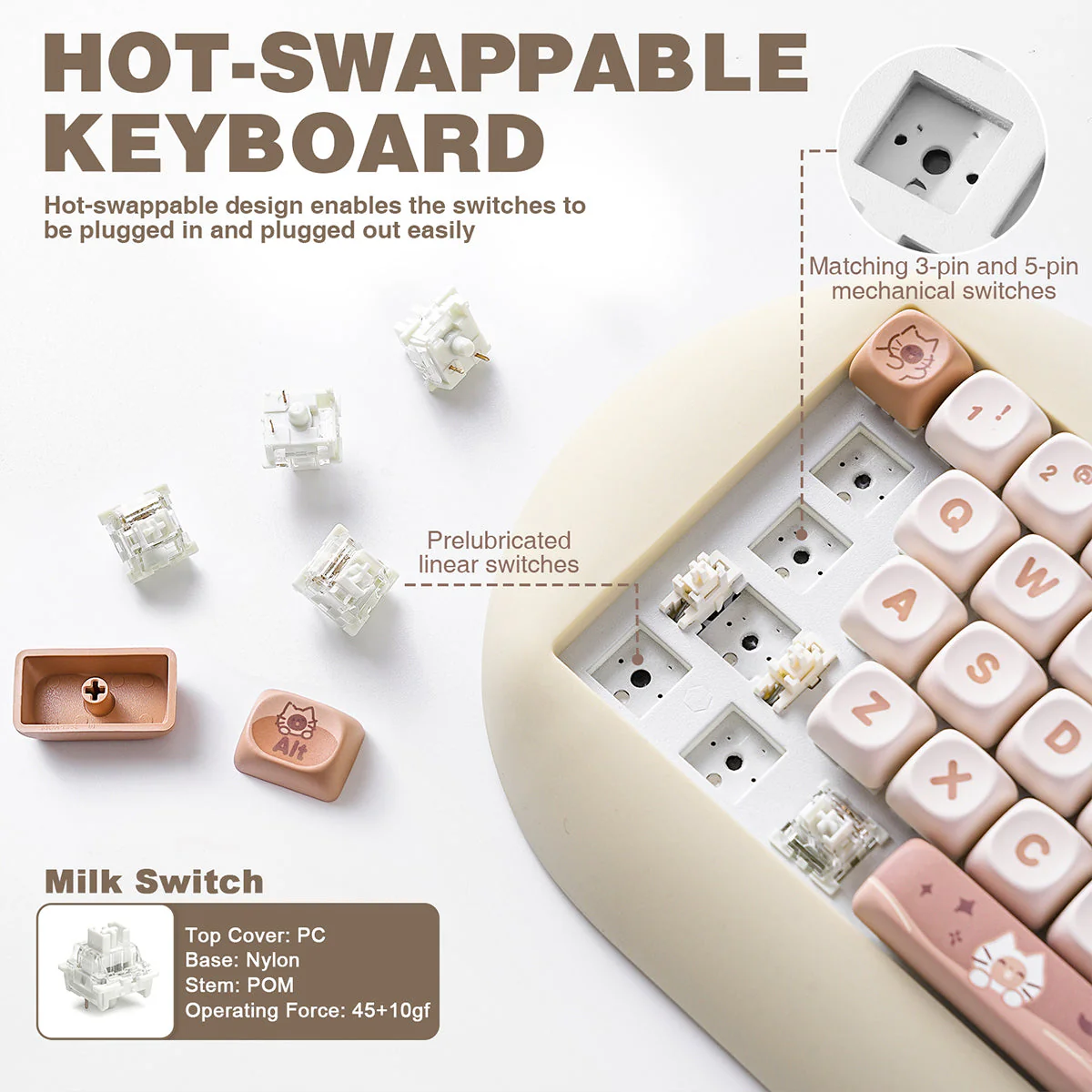 YUNZII C68 Meow Bluetooth Wireless Mechanical Cat Keyboard Milk Switch - Image 18