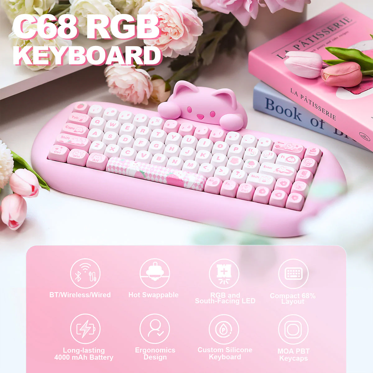 YUNZII C68 Meow Bluetooth Wireless Mechanical Cat Keyboard Milk Switch - Image 7