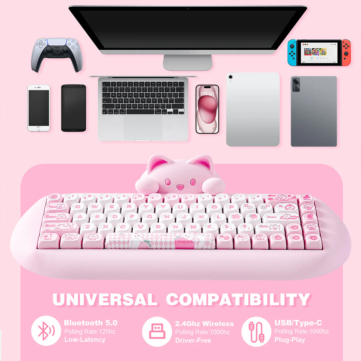 YUNZII C68 Meow Bluetooth Wireless Mechanical Cat Keyboard Milk Switch - Image 8