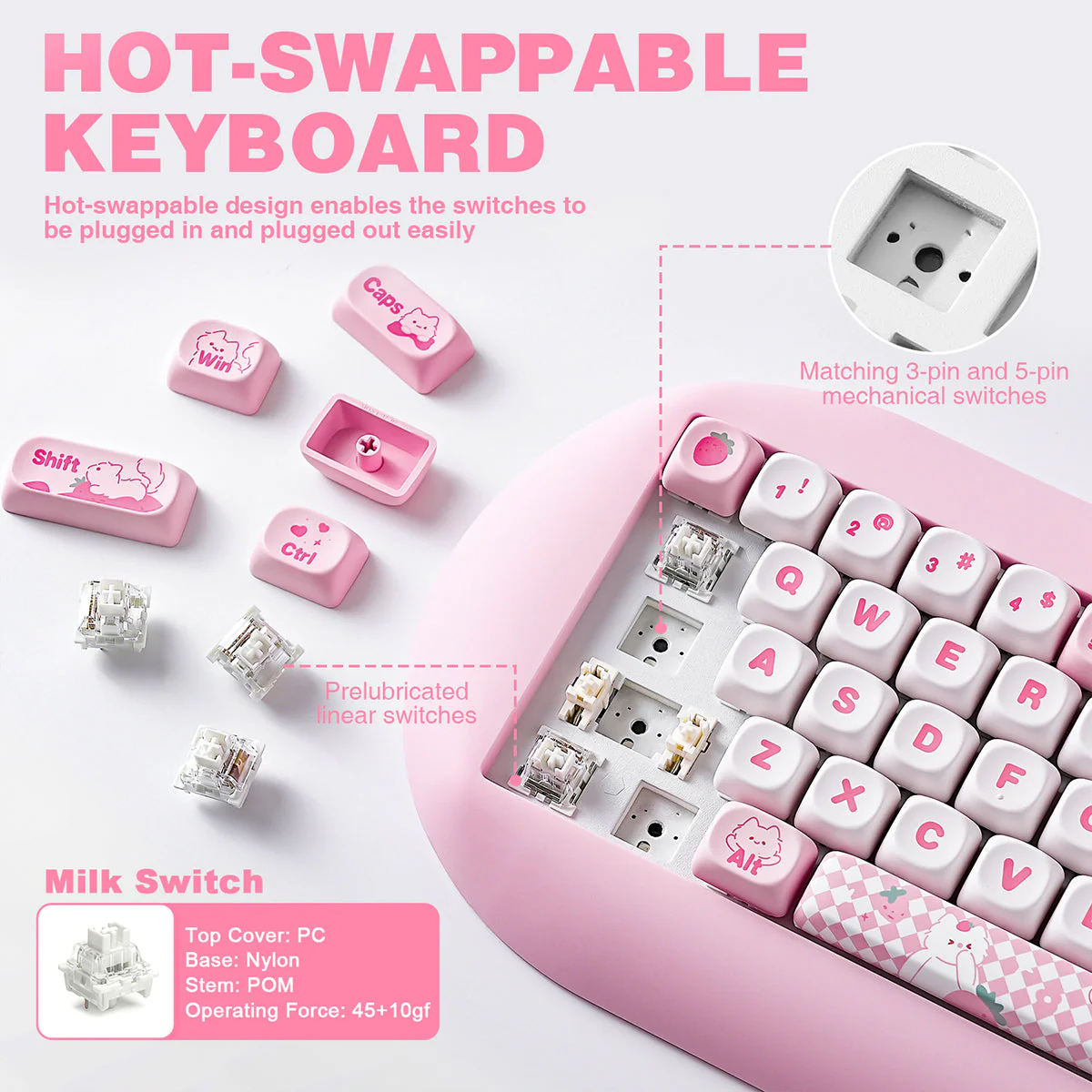 YUNZII C68 Meow Bluetooth Wireless Mechanical Cat Keyboard Milk Switch - Image 9