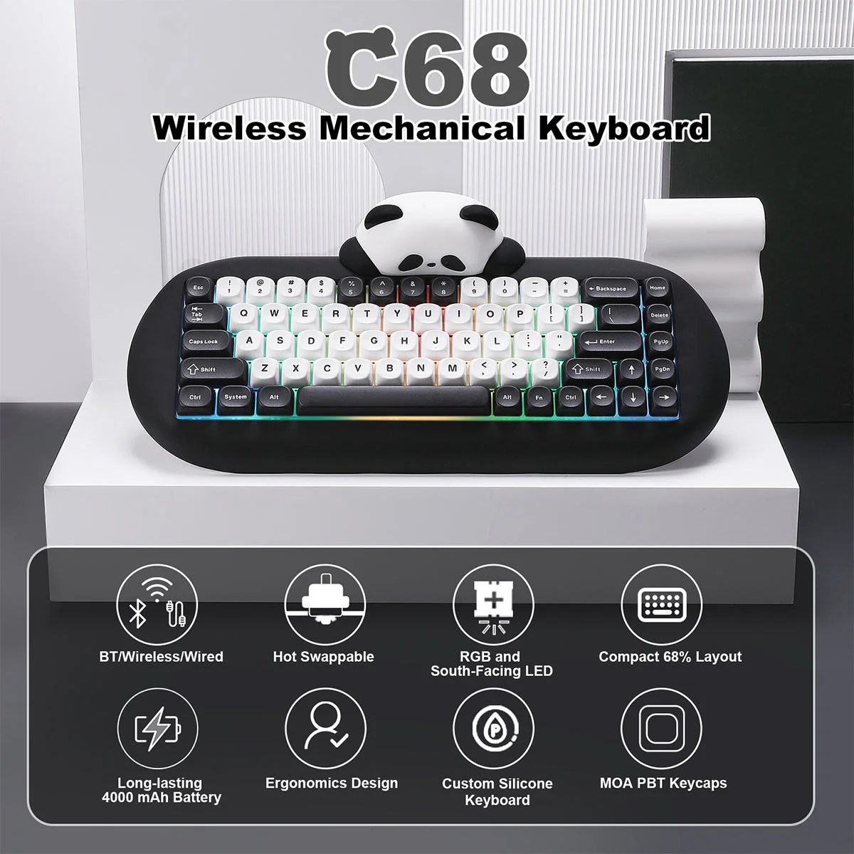 YUNZII C68 Panda Hot-Swap Wireless Mechanical Keyboard Panda Switch - Image 7