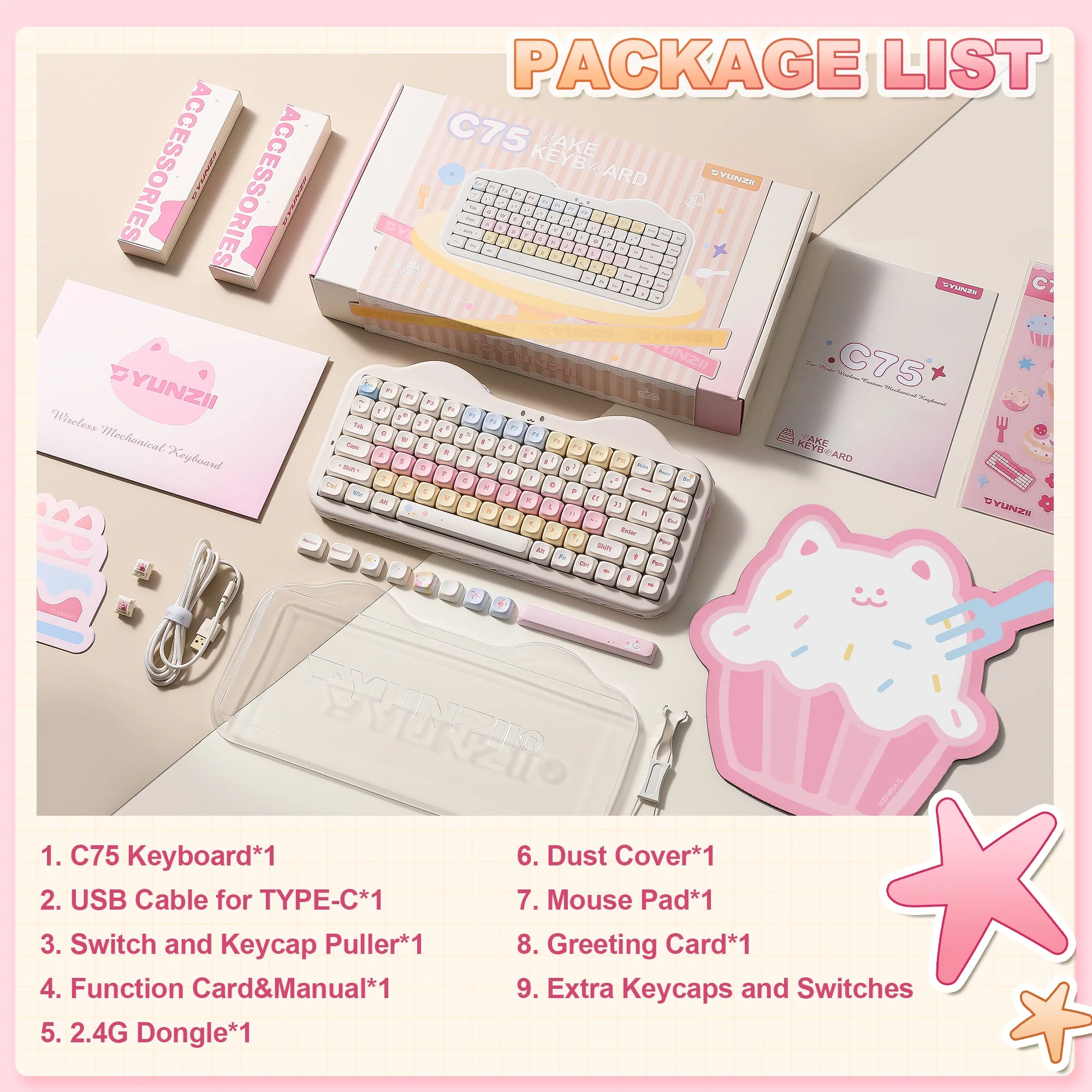 YUNZII C75 Cake Meow Hot-Swap Wireless Mechanical Keyboard - Image 11