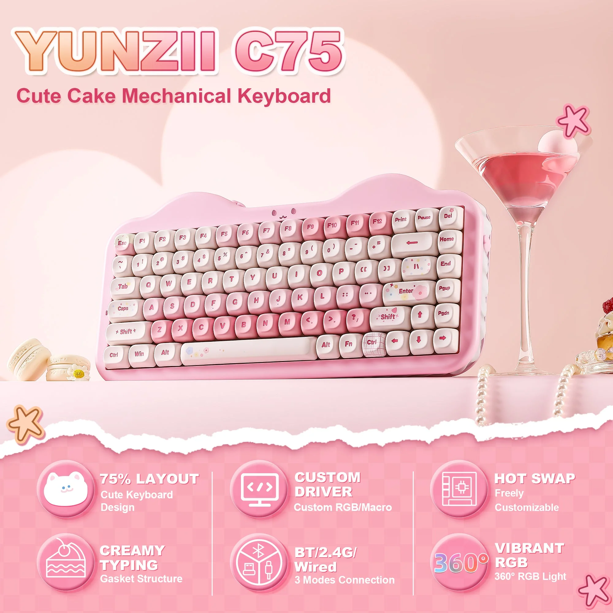 YUNZII C75 Cake Meow Hot-Swap Wireless Mechanical Keyboard - Image 3