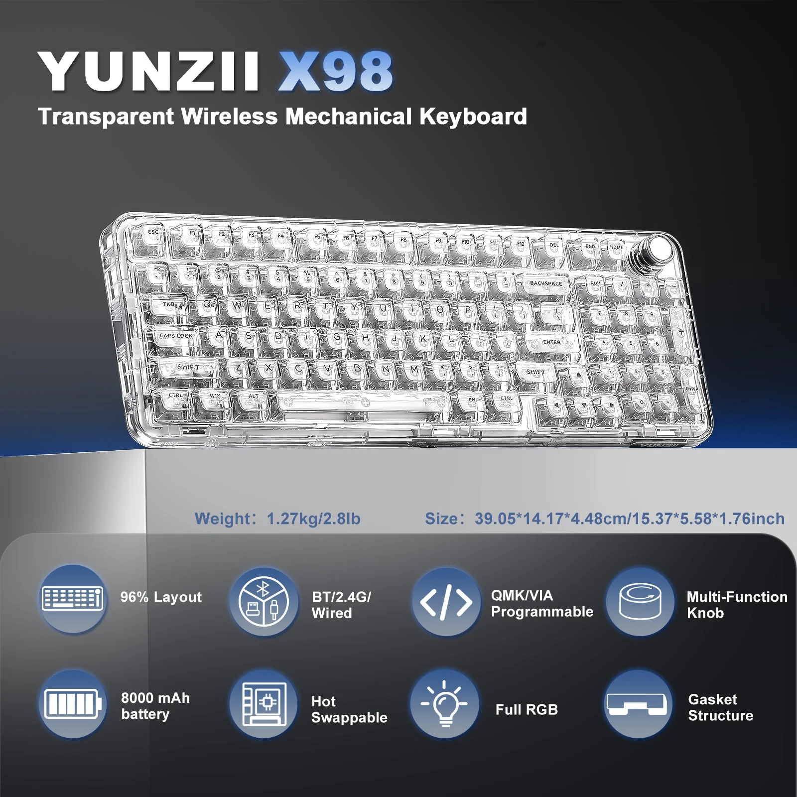 YUNZII X98 Transparent QMK/VIA Wireless Mechanical Keyboard - Image 4