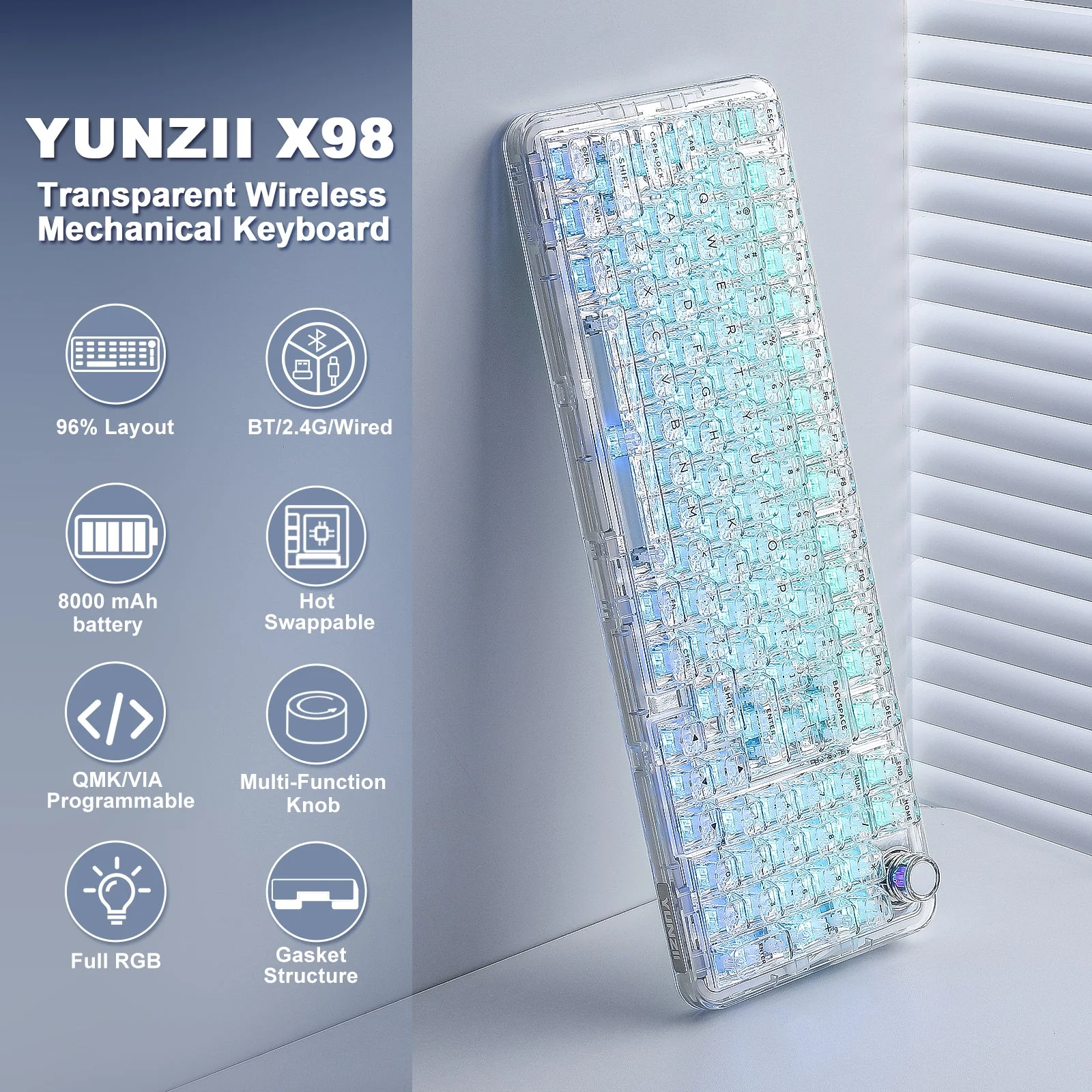 YUNZII X98 Transparent QMK/VIA Wireless Mechanical Keyboard - Image 5